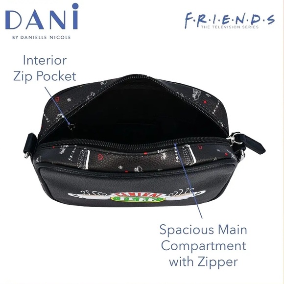 Danielle Nicole Friends Central Perk Logo Crossbody Black Bag Zip Top Closure - Picture 4 of 16